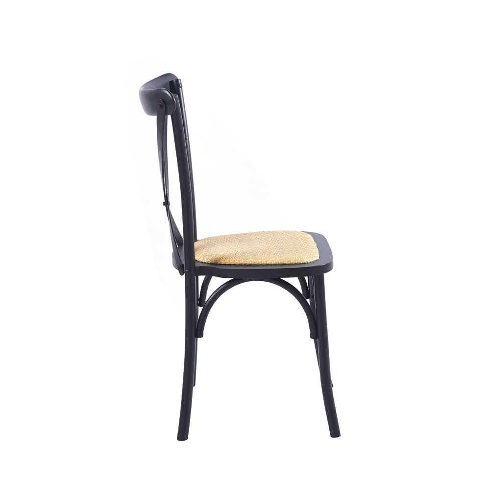 Vista lateral de silla de comedor Crossback de madera negra con asiento de ratán
