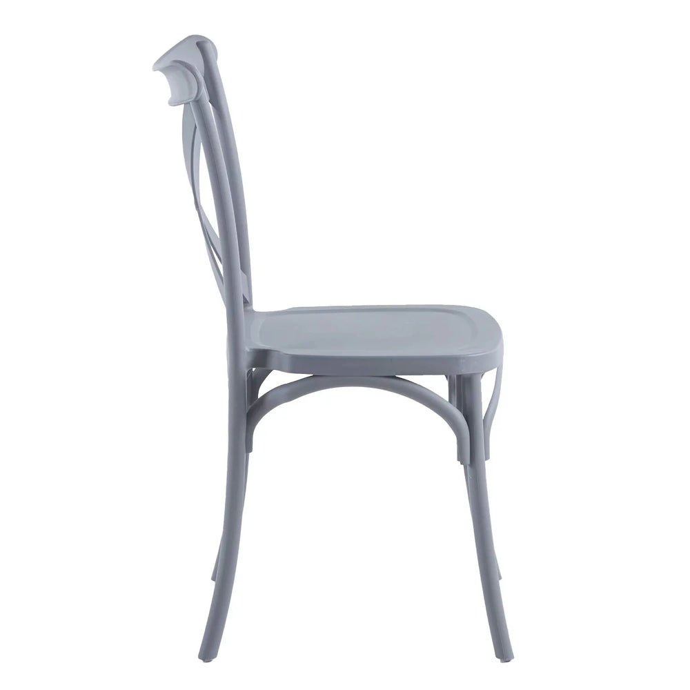 Vista lateral de silla de comedor Crossback de polipropileno color gris