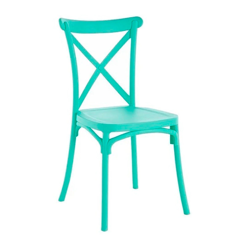 Silla de comedor Crossback de polipropileno color menta en vista 45 grados