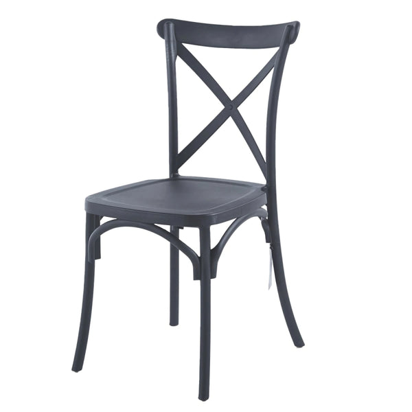 Silla de comedor Crossback de polipropileno color negro en vista 45 grados