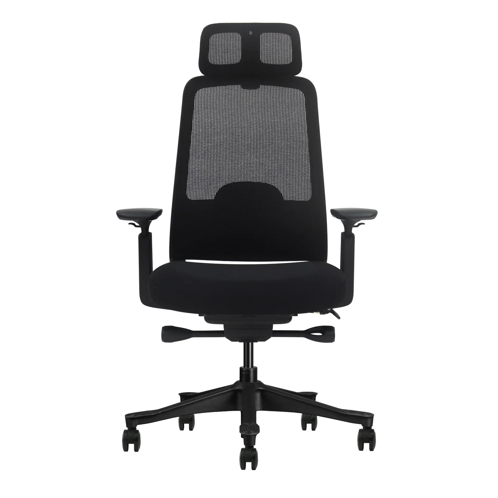 Silla ergonómica Matte negra en vista tres cuartos con asiento tapizado y brazos 3D
