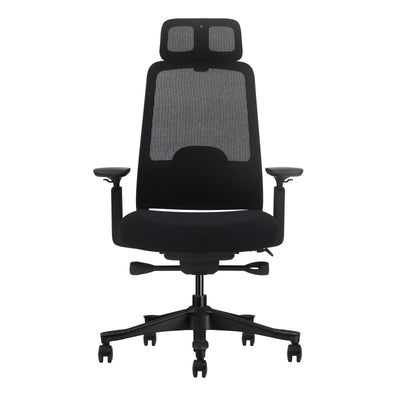 Silla ergonómica Matte negra en vista tres cuartos con asiento tapizado y brazos 3D