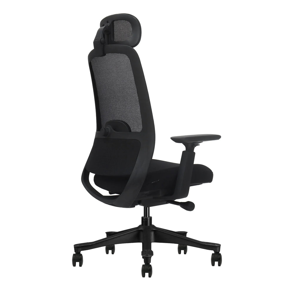 Silla ergonómica Matte negra vista posterior tres cuartos con soporte lumbar regulable