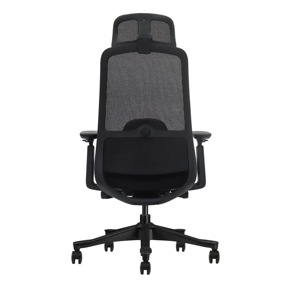 Silla ergonómica Matte negra vista posterior con respaldo de malla y soporte lumbar regulable