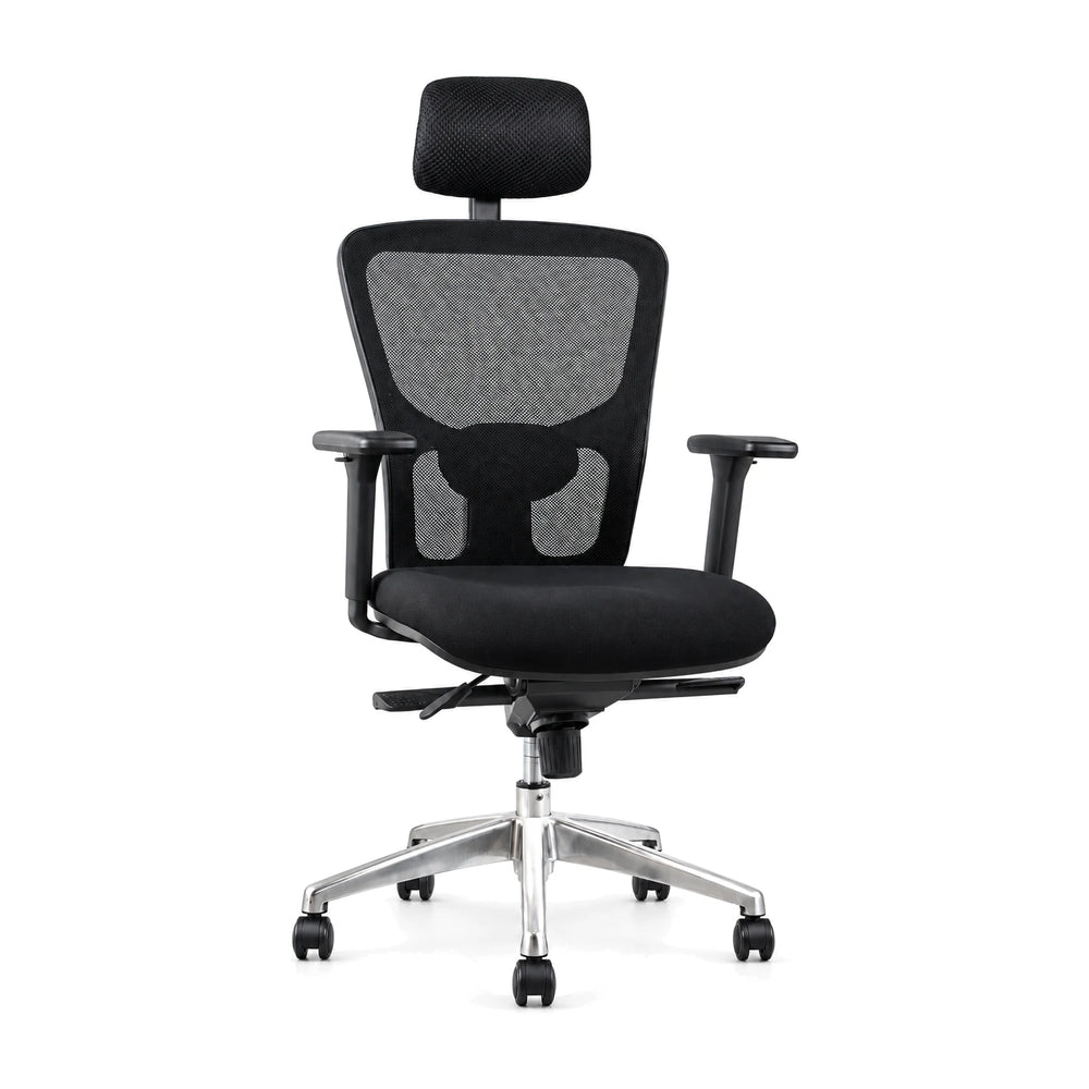 Silla ergonómica de oficina Max con base de aluminio pulido, cabecero y lumbar ajustable | VICCA
