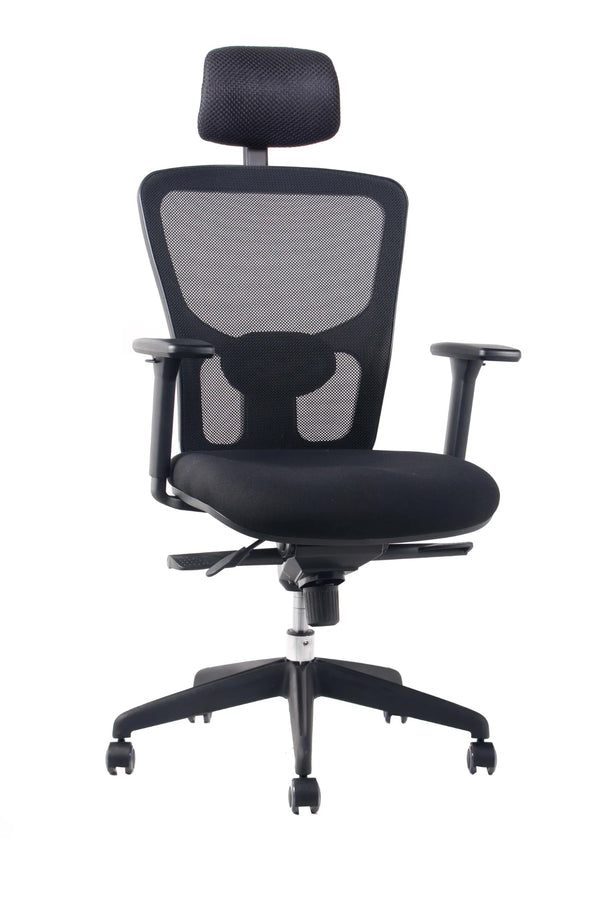 Silla ergonómica de oficina Max con cabecero y lumbar ajustable, vista frontal 45 grados | VICCA