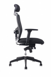 Silla ergonómica de oficina Max con cabecero, respaldo de malla y asiento tapizado, vista lateral | VICCA