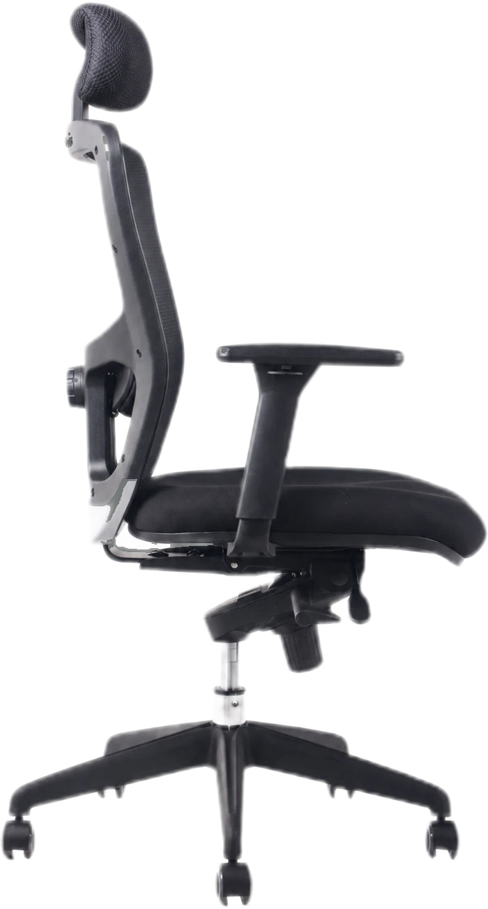 Silla Max de perfil, con el apoyo lumbar y su perilla de profundidad