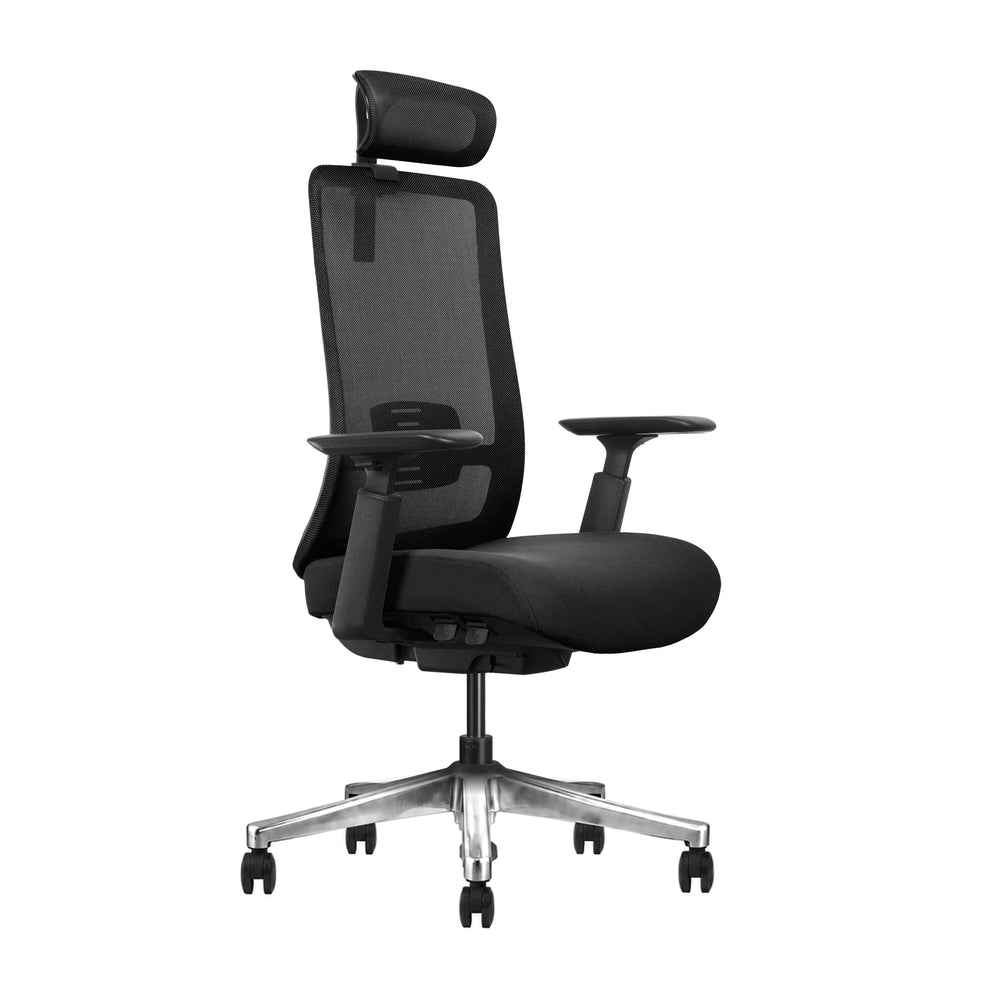 Silla ergonómica de oficina Nina con base de aluminio pulido, cabecero y brazos 3D, vista 45 grados | VICCA