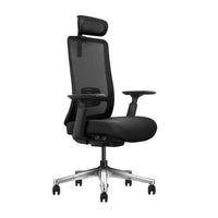 Silla ergonómica de oficina Nina con base de aluminio pulido, cabecero y brazos 3D, vista 45 grados | VICCA