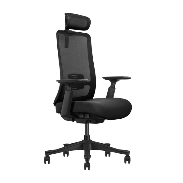 Silla ergonómica de oficina Nina con brazos 3D, cabecero y respaldo de malla, vista 45 grados | VICCA