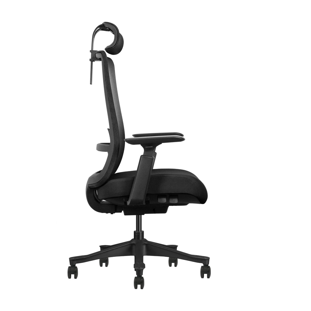 Silla ergonómica Nina vista lateral con controles laterales de altura y profundidad del asiento | VICCA