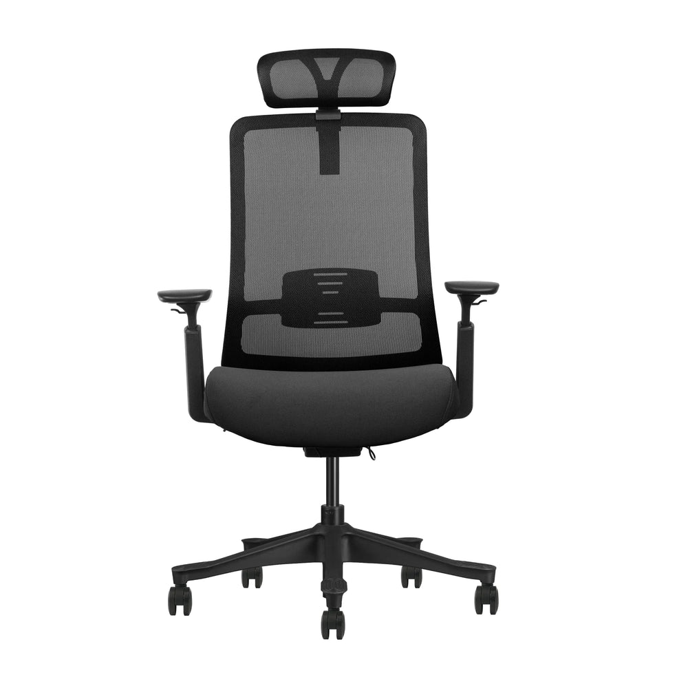 Silla ergonómica Nina vista frontal con respaldo de malla, apoyo lumbar y cabecero | VICCA