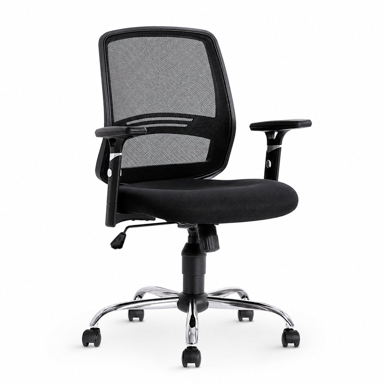 Silla de escritorio Cubo VICCA con base cromada y brazos regulables, vista 45 grados