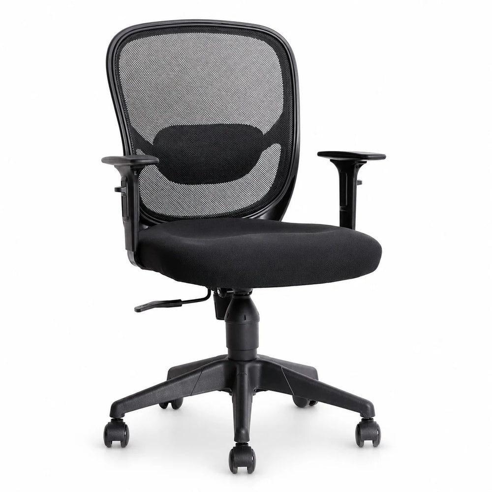 Silla de escritorio Vela VICCA con brazos regulables y respaldo de malla, vista 45 grados