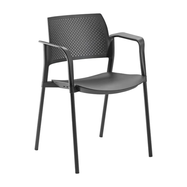 Silla Kyos gris de polipropileno, vista de tres cuartos con respaldo perforado y cuatro patas, sin brazos. | VICCA