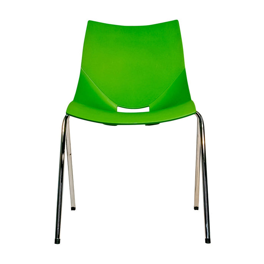 Silla Shell verde de polipropileno, vista frontal con pequeña abertura bajo el respaldo y cuatro patas cromadas.