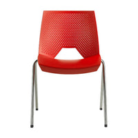 Silla Strike roja, vista frontal con respaldo perforado, abertura inferior y estructura de cuatro patas cromadas.