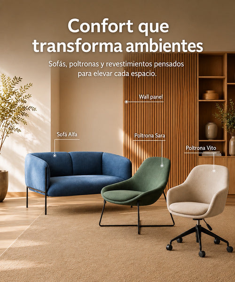 Sofá Alfa azul, poltrona Sara verde y poltrona Vito beige de VICCA en un ambiente con panel de madera