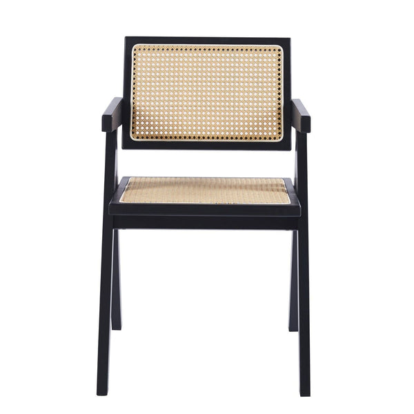 Sitial Chandigarh de madera negra con asiento y respaldo de ratán