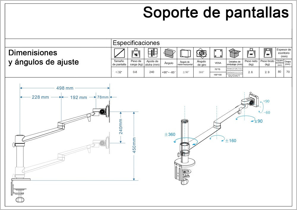 Soporte pantalla Atlas I plata Vicca, vista frontal