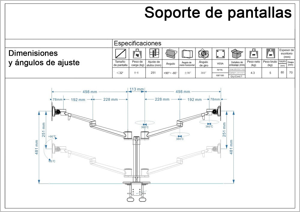 Soporte pantalla Atlas II negro Vicca, vista frontal