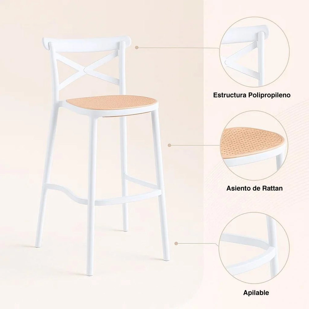 Características del taburete Crossback blanco: estructura de polipropileno, asiento tipo ratán y apilable