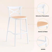 Características del taburete Crossback blanco: estructura de polipropileno, asiento tipo ratán y apilable
