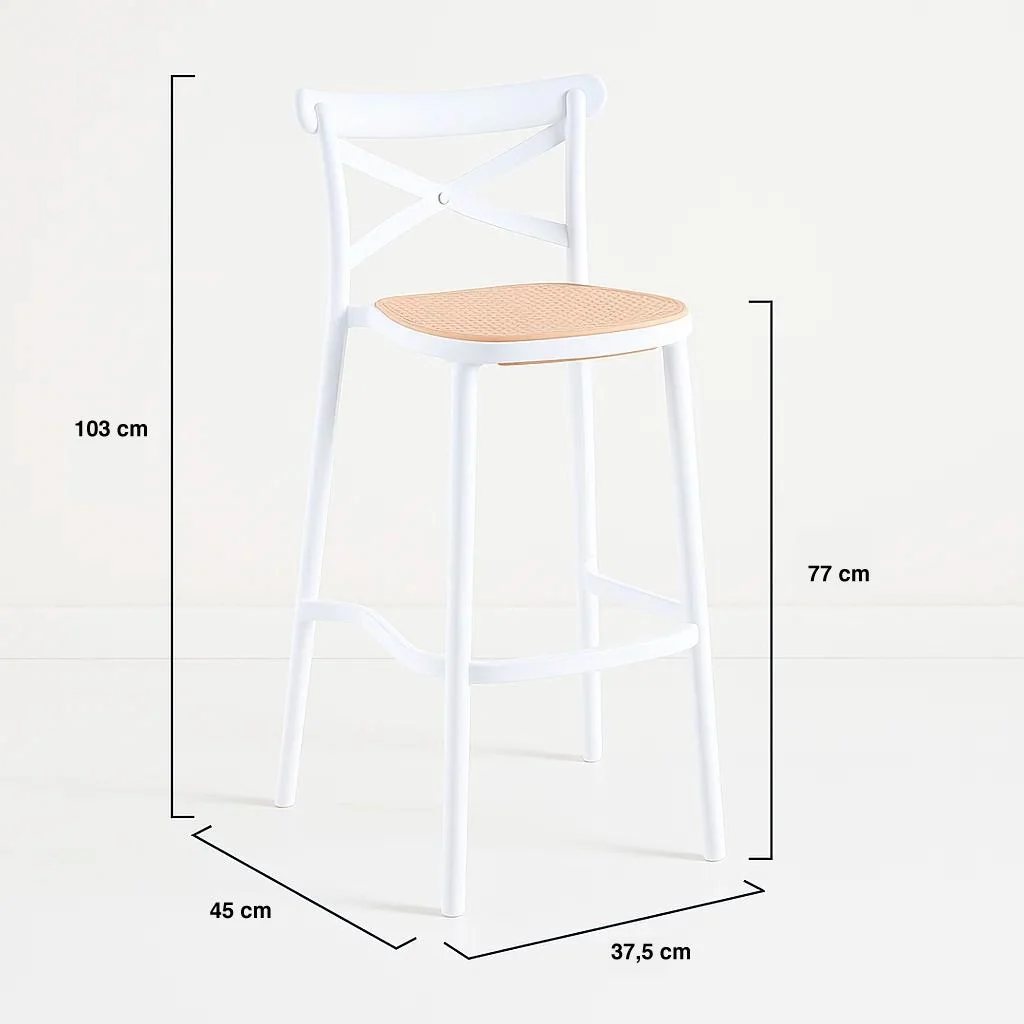 Taburete Crossback blanco de polipropileno con asiento tejido y respaldo en X, asiento a 77 cm