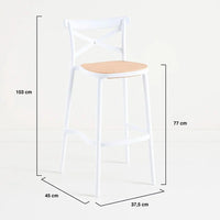 Medidas del taburete Crossback blanco: asiento a 77 cm, 103 cm de alto, 37,5 x 45 cm