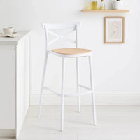 Taburete Crossback blanco de polipropileno con asiento tejido y respaldo en X, asiento a 77 cm