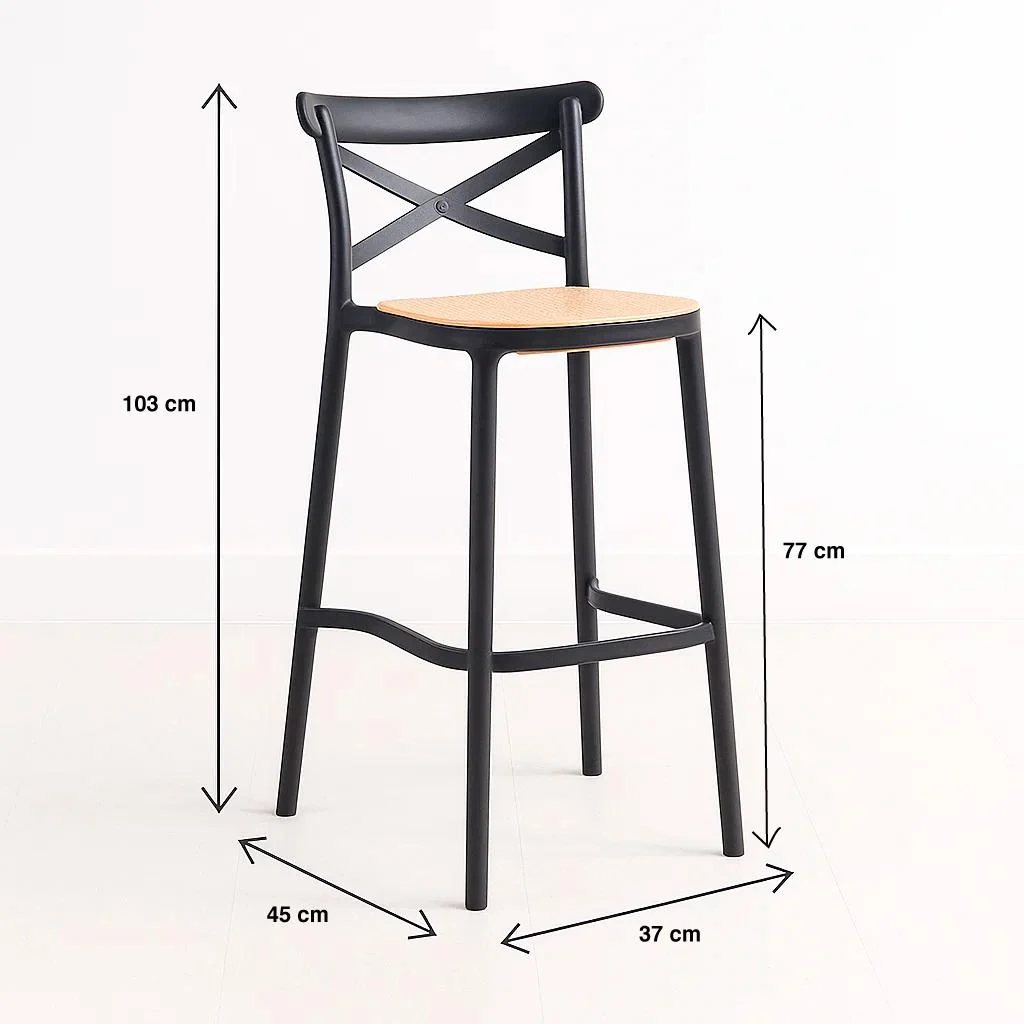 Taburete Crossback negro de polipropileno con asiento tejido y respaldo en X, asiento a 77 cm