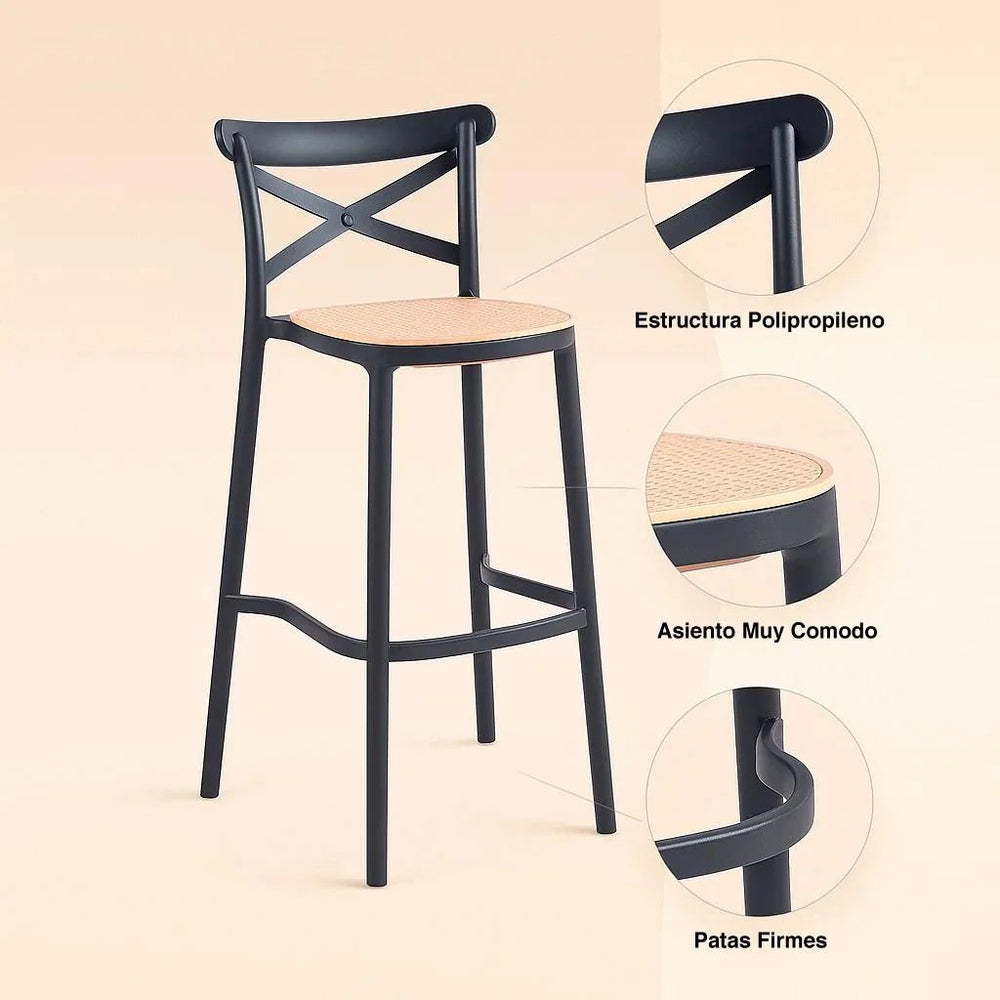 Características del taburete Crossback negro: estructura de polipropileno, asiento y reposapiés