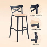 Características del taburete Crossback negro: estructura de polipropileno, asiento y reposapiés