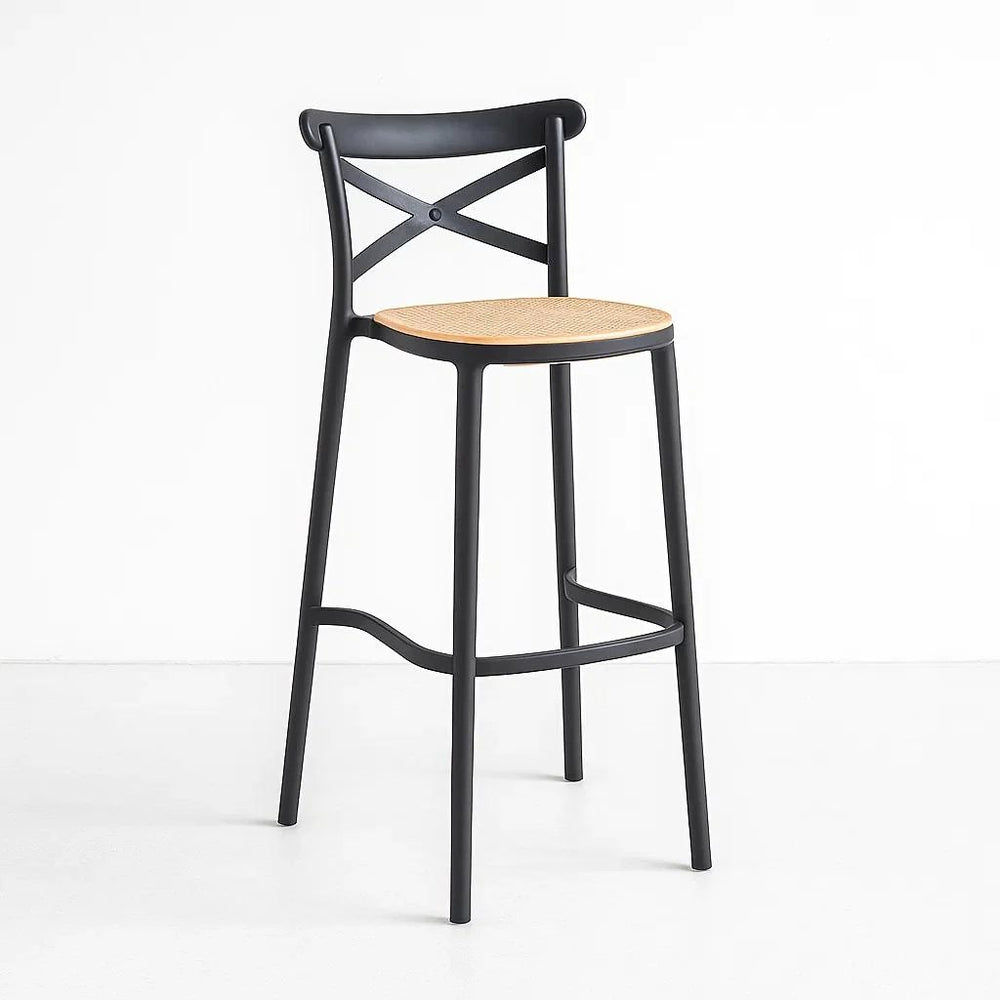 Taburete Crossback negro de polipropileno con asiento tejido y respaldo en X, asiento a 77 cm