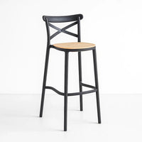 Taburete Crossback negro de polipropileno con asiento tejido y respaldo en X, asiento a 77 cm