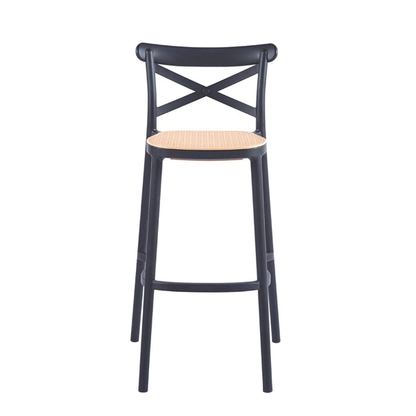Taburete Crossback negro de polipropileno en vista 45 grados